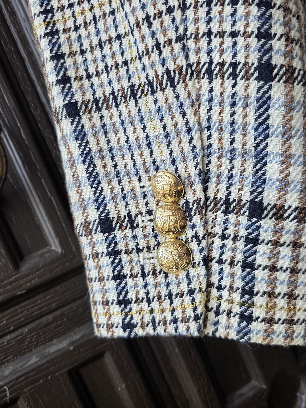 Talbots Plaid Double-Breasted Blazer in Cream, Navy & Brown Size 14 Vintage Y2K - Picture 5 of 9